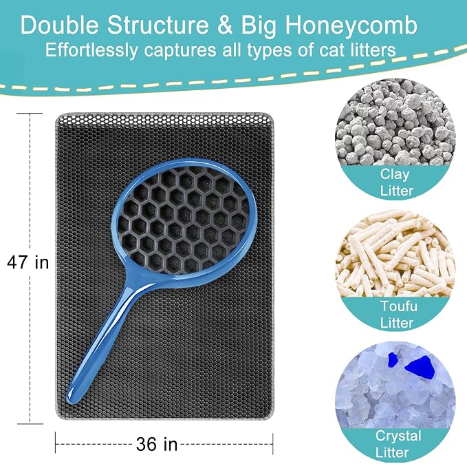 Extra large Cat Litter Mat, XXL 47x36in, Cat Litter Box Mats Extra Large | Double-Layer Honeycomb Litter Trapping Mat, Less Mess, BPA-Free, Waterproof Anti-Slip, Easy clean, Ideal for Multi-Cat(Grey)