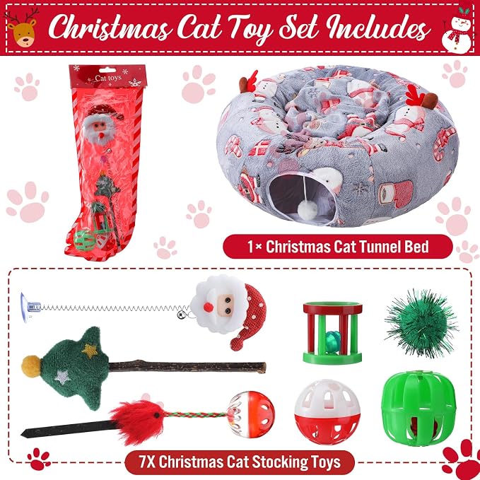 Dansydaisy 9 Pcs Cat Tunnel Under Christmas Tree, 3ft Cat Donut Tunnel with Plush Cushion and 8 Toys Cozy Washable Cave for Kittens Small Medium Pets Rabbits Gifts for Christmas