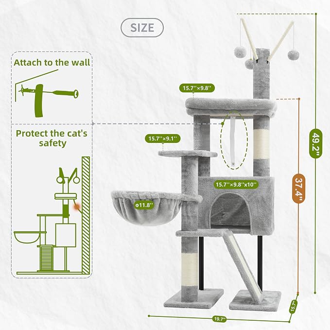 Cat Tree Tower for Indoor Cats, Top Platform with Toy, GCT006SW | 49.2 inch Cat Condo House, Sturdy Base, Scratching Post & Board, 3 Balls, Hanging Basket, Small Cats and Kittens, Light Gray