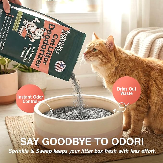 Sprinkle & Sweep: Litter Box Deodorizer Duo - 8oz Bag & Speed Sifter - Cat-Kitten Home Odor Neutralizer, Ultra-Absorbent Formula, Wood Handle Scooper