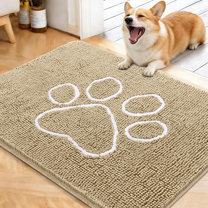 OLANLY Dog Door Mat for Muddy Paws 40x32, Paw Print Design Chenille Mud Mat | Beige, Absorbent, Traps Moisture and Dirt, Non-Slip Washable Doormat, Quick-Drying Indoor Entryway Floor Carpet for Dogs