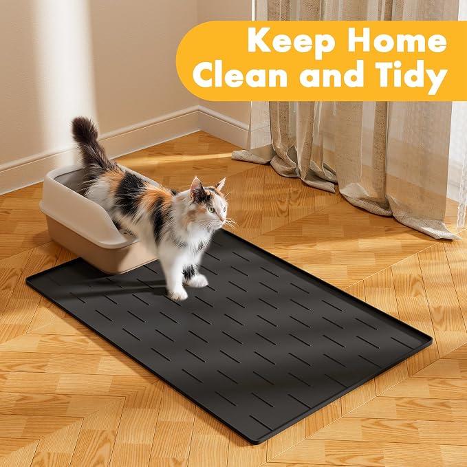 Pieviev Extra Large Silicone Litter Box Mat, Easy to Clean, 40'' x 28'' | Extra-Large Coverage Area Litter Mat, Soft on Kitty Paws, Grooves Reduce Waste, Raised Edges Trap Urine and Spills.