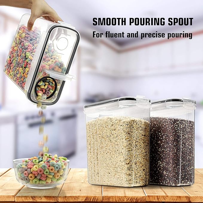 Wildone Cereal Storage Containers Set, Large BPA Free Plastic Airtight Food Storage Containers 4L for Flour, Sugar, 6 Piece Set Cereal Dispensers with 20 Labels & Marker, Black