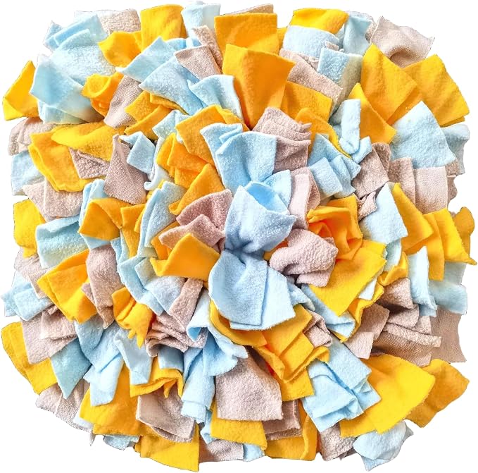 Pet Fleece Snuffle Mat Square Shape Foraging Mats Interactive Feeding Toy Anti Slip Slow Feeder Treat Dispenser for Dog Rabbit Guinea Pig (Grey Blue Yellow)