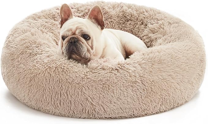 Love's cabin Calming Cat Bed for Indoor Cats, Anti-Anxiety Donut Round Dog Bed,Fluffy Faux Fur Washable Pet Bed for Small Medium Dogs and Cats, Taupe, 24in