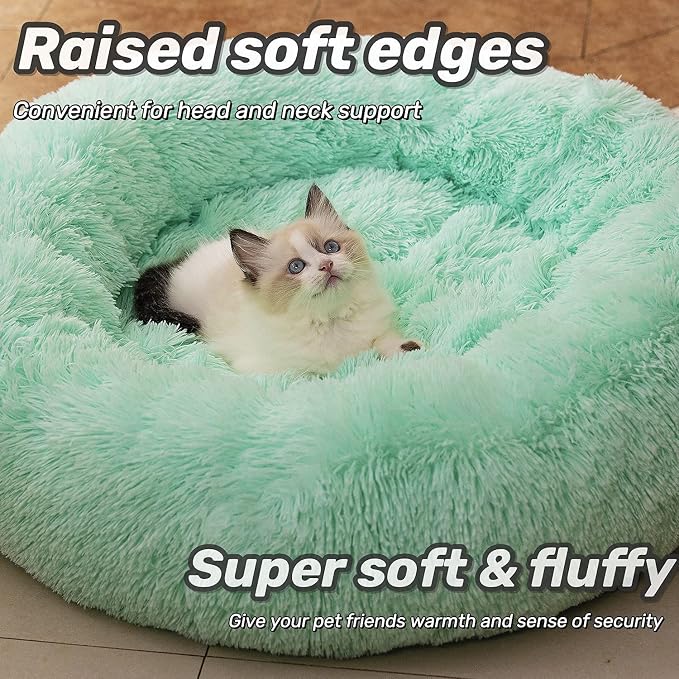 Anti Anxiety Round Fluffy Plush Faux Fur Warm Washable Dog Bed & Cat Bed, Original Bed for Small Medium Large Pets,Used to Relieve Joints and Improve Sleep（20"/24"/27''） (20", Light Green)