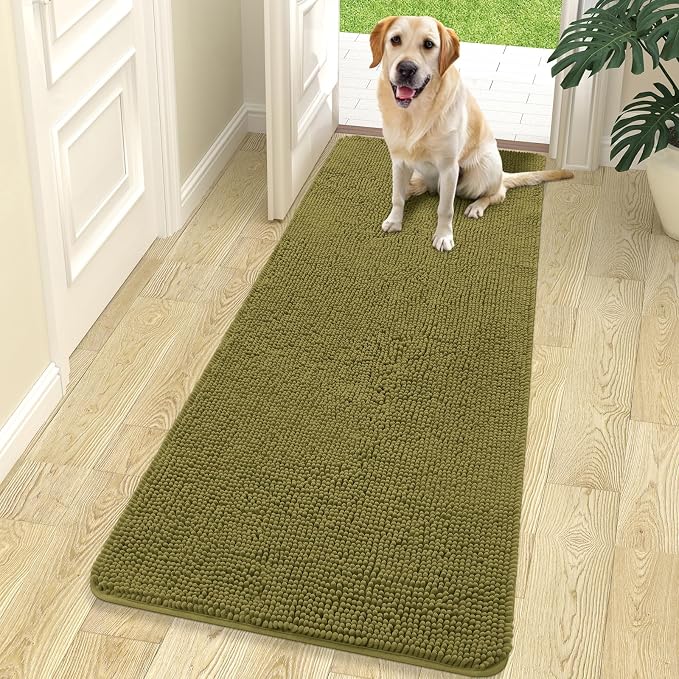 OLANLY Dog Door Mat for Muddy Paws 70x24, Super Absorbent Chenille Mud Mat | Willow Green, Absorbs Moisture and Dirt, Non-Slip Machine Washable Doormat, Quick-Dry Indoor Entryway Floor Carpet for Dogs