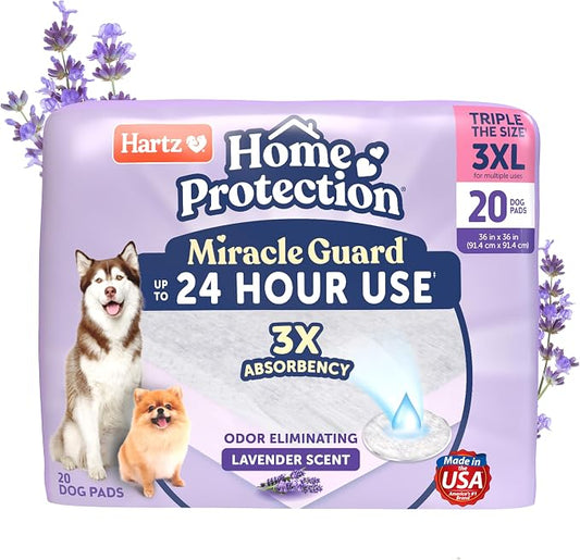 Hartz Miracle Guard Dog and Puppy Dog Pads Max Absorbency 24 Hour Use Odor Eliminating Lavender Scented No Leaks, 3XL Size 20 Count
