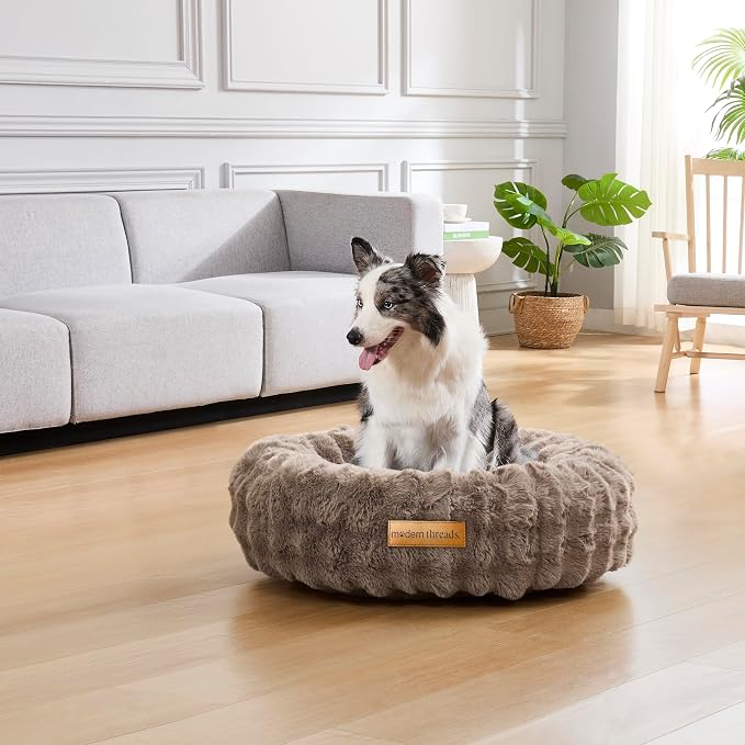 Modern Threads Calming Donut Dog Bed for Medium Dogs, Plush Round Faux Fur Pet Bed with Raised Bolster, Soft Washable Dog Bed, 30x30x9, Taupe