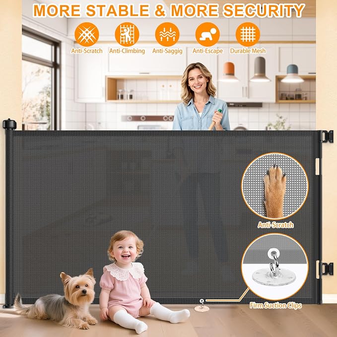 71 Inch Retractable Baby Gates Extra Wide, 41 Inch Reinforced Extra Tall Gate Mesh Safety Gate for Kids Pets, Retractable Dog Gate Baby Retractable Gate for Stair Hallway Doorway Indoor Outdoor, Black