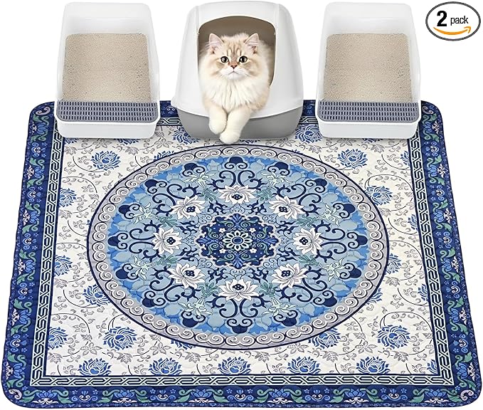 Cat Litter Mat, Reusable Kitty Litter Trapping Mat 2 PCs, 35"x35" Washable Litter Mats for Cats, Waterproof & Non-Slip Compatible with Cat Box (Indigo Blue Medallion, 35"x35"(2 PCS))