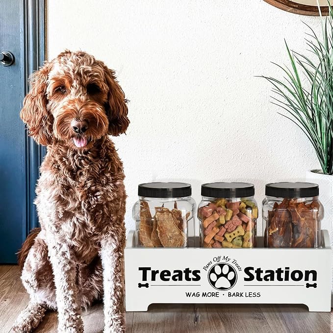 Dog Treat Container Dog Food Storage Container for Countertop, Cat Food Storage Container with 3 Plastic Dog Treat Jar, Dog Food Storage Container for Dog and Cat, White Wooden Dog Food Container