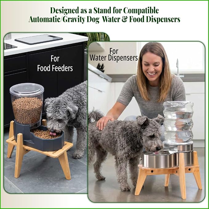 Dog Water and Food Dispenser Stand for Medium Dogs - Adjustable, Bamboo | Use to Elevate, Raise, Hold Gravity or Automatic Food Feeders and Water Bowl Dispensers - Medium