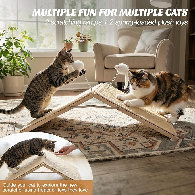 Cat Scratcher, Cat Sisal Scratching Ramp, Foldable Wooden Scratching Board with 2 Spring Plush Toys, Triangle Kitten Ramp Protect Furniture, Solid Non-Slip Scratch Pad for Indoor Multiple Pets