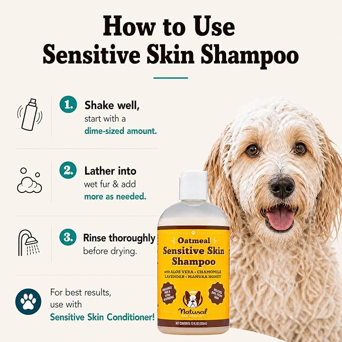 Natural Dog Company Sensitive Skin Dog Shampoo – Hypoallergenic Oatmeal Anti Itch Shampoo for Dogs, Gentle Puppy & Dog Wash with Aloe Vera, Manuka Honey & Chamomile, Odor Control, 12 oz