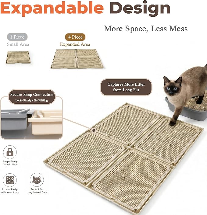 Connectable Cat Litter Mat for Litter Box, 2 Panels | Expandable Coverage | Less Litter Tracking | Easy Rinse Cleanup | Pour-Back Litter | Helps Reduce Shifting