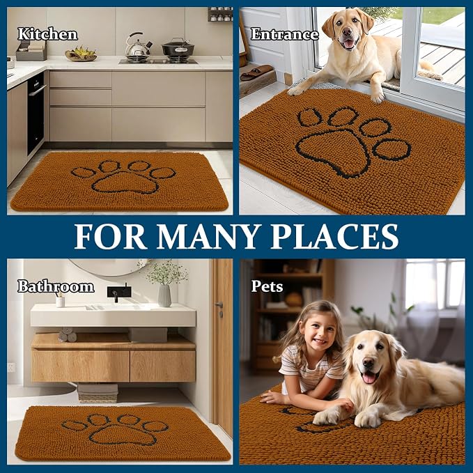 OLANLY Dog Door Mat for Muddy Paws 30x20, Paw Print Design Chenille Mud Mat | Ochre, Absorbent, Traps Moisture and Dirt, Non-Slip Washable Doormat, Quick-Drying Indoor Entryway Floor Carpet for Dogs