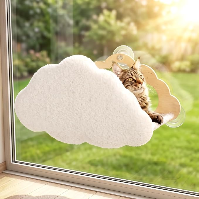 Cat Window Perch Cloud Shape, Large Cat Hammock Bed Washable | Suction Mount, Steel Brackets, Soft Fabrics, Natural Pine Wood, Space Saving, Tool-Free Assembly, Watch birds, Sunbathing