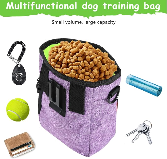 Dog Treat Pouch, Magnetic Closure, Dog Clicker- Purple | Dog Training Treat Pouch, Large Size, Nylon Material, Magnetic Closure & Clicker, for Walking, Obedience & Outdoor Use