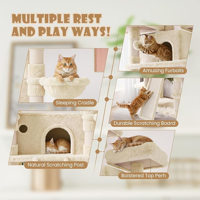 SHA CERLIN 81 Inches Extra Large Cat Tree for Indoor Adult Cats/XXL Big Cat Tower with Condo/Cozy Perches/Sisal Scratching Posts and Hammocks/Activity Center/F80/Heavy Duty/Beige