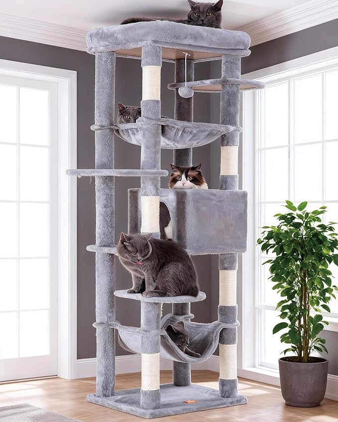 Heybly Cat Tree for Large Cats 20 lbs, 69 inches Cat Tower HCT031W | Heavy Duty Cat Condo for Indoor Cats, Multi-Level Furniture with Big Padded Plush Perch, Cozy Basket, Light Gray