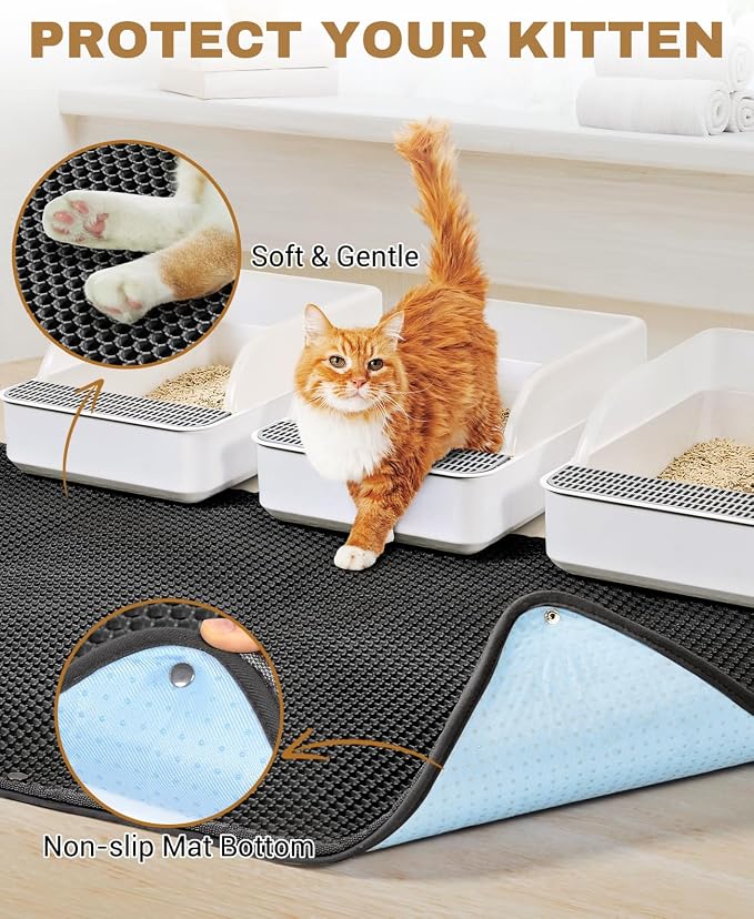 Fostanfly Cat Litter Mat, Machine Washable, Extra Large XL 45"x27", Black | Kitty Litter Trapping Mat, Urine & Waterproof, Double Layer Design, Honeycomb Scatter Control- Easy Clean for Floor