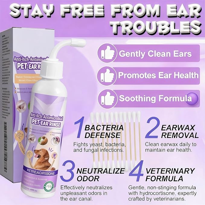 Dog Ear Drops for Infection, Vet-Recommended Dog Ear Cleaner Solution Ear Infection Treatment for Dogs & Cats, Soothe Itchy Inflamed Ears, Gently Remove Debris Wax Buildup & Eliminate Odor, 4 fl oz