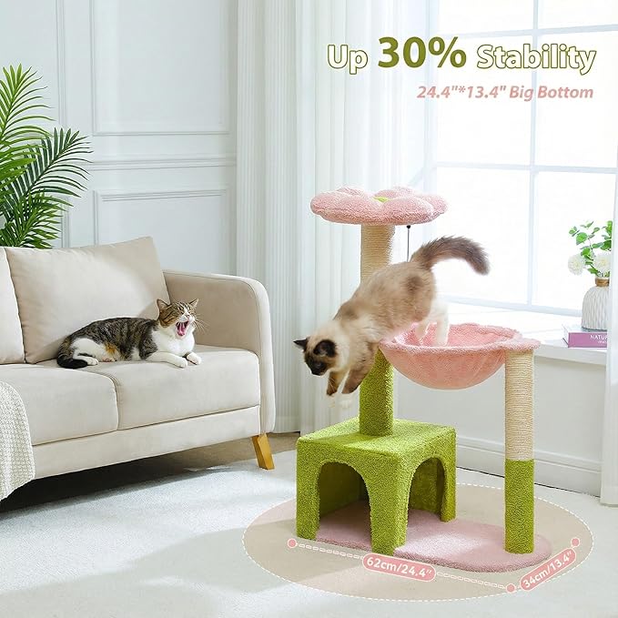 Flower Cat Tree with Large Metal Frame Hammock, 35" Cute Cat Tower with Sisal Scratching Posts for Small Indoor Cats, Cat Condo with Pink Top Perch for Kittens, Pink | Flower-shaped top perch, Metal frame hammock, Sisal scratching posts, Cozy pink cond...