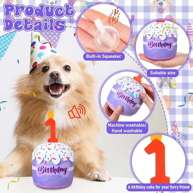 Dansydaisy Dog Birthday Cake Toy Squeaky Plush Toy for Girl Boy Gifts, Chew Accessories for Dog Birthday Party Decor Favor for Large, Medium and Small Dogs(1st,Purple)