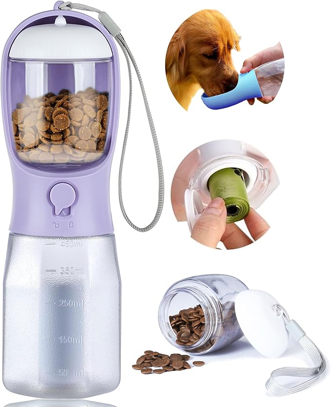 Dog Water Bottle with Food Container, Portable Pet Dog Water Dispenser for Outdoor Walking,Hiking,Travel,Puppy Essentials,Puppy Supplies,Replaceable Waste Bags