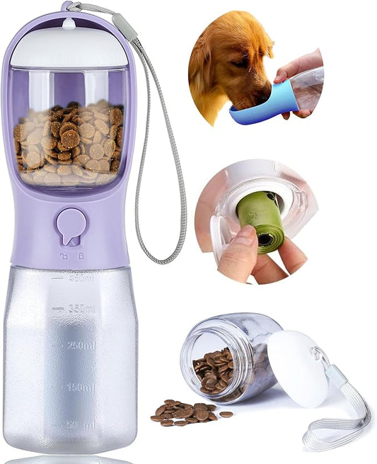 Dog Water Bottle with Food Container, Portable Pet Dog Water Dispenser for Outdoor Walking,Hiking,Travel,Puppy Essentials,Puppy Supplies,Replaceable Waste Bags