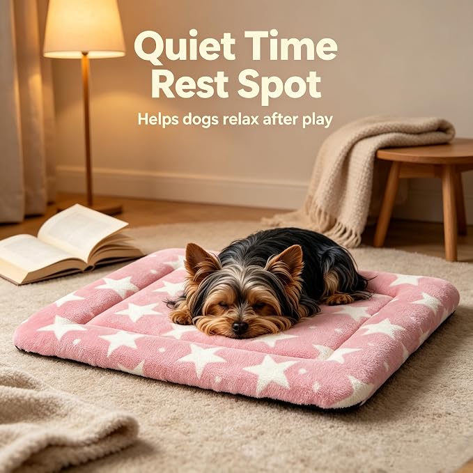 Dog Bed Mat,Reversible & Ultra Soft Kennel Pad-Machine Washable Pet Bed for Dogs & Cats-All-Weather Crate Liner for Crates,Carriers & Travel (Big Star&Pink, 24.0" L x 18.0" W x 1.5" Th)