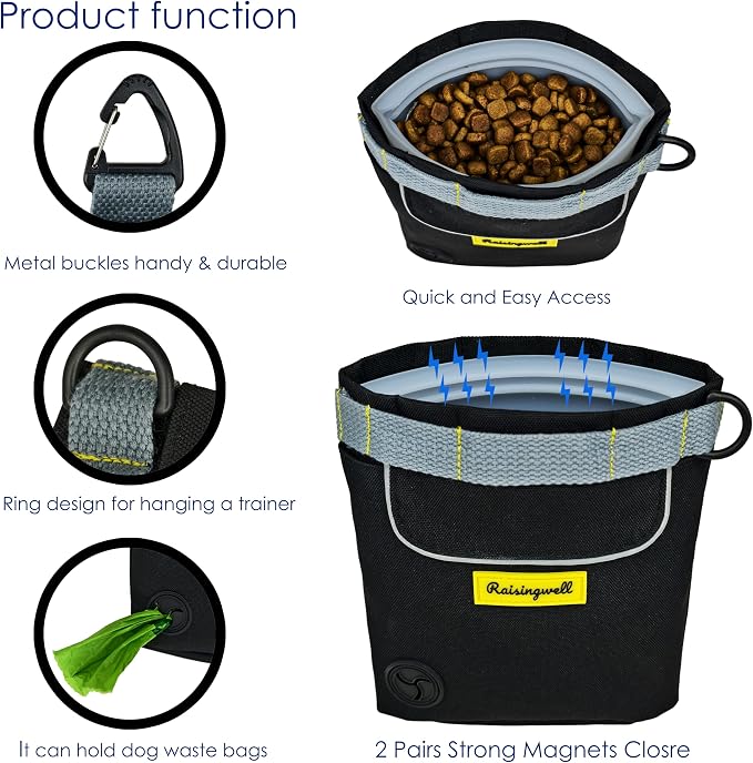 Raisingwell Dog Treat Pouch for Pet Walking and Training with Clicker 2 Cup Silicone Bag Small Fanny Pack Holder for Puppy Snack Dispenser Kit for Leash and Outdoor Use (Black)
