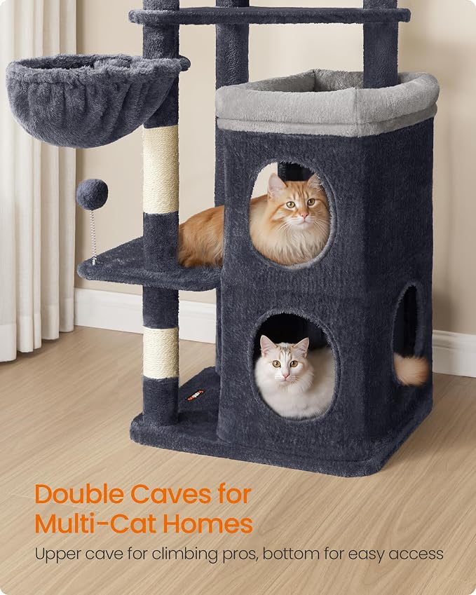 Feandrea Cat Tree Indoor, 60" Multiple-Level Plush Cat Tower, Dark Gray | 2 Caves, 3 Steps, 3 Scratching Posts, 3 Ball Toys, Cat Condo House for Large Adult Cats, UPCT007G02
