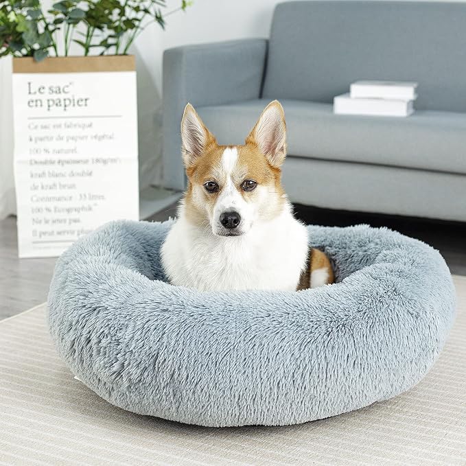 Anti Anxiety Round Fluffy Plush Faux Fur Warm Washable Dog Bed & Cat Bed, Original Bed for Small Medium Large Pets,Used to Relieve Joints and Improve Sleep（20"/24"/27''） (20", Light Grey)