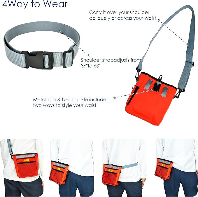 Raisingwell Dog Treat Pouch with Magnetic Closure 4-Cup Silicone Bag Fanny Pack Holder with Clicker 4 Ways to Wear Front Pocket Fits All Phones Ideal for Leash, Pet Walking and Training（Orange）