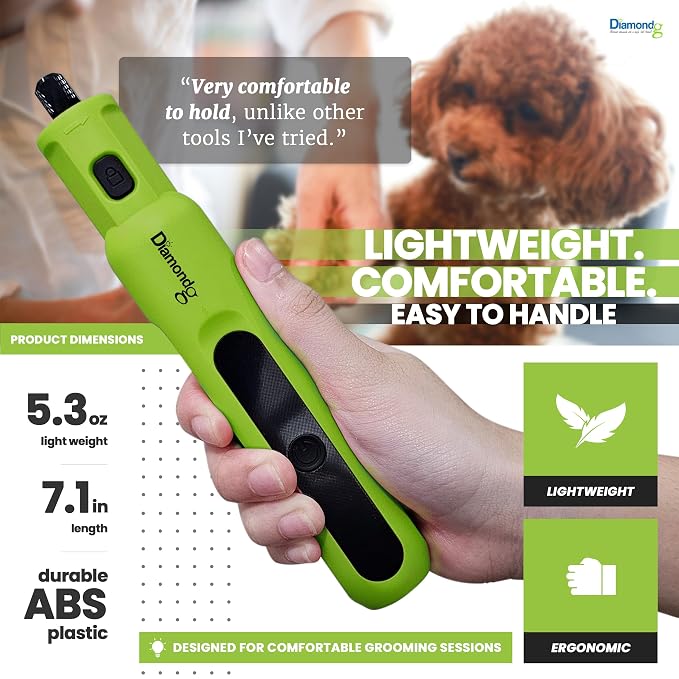 Diamondg Micro Dog Nail Grinder - Quiet Sound with LED Light, Green | 5-Speed Rechargeable Pet Nail Trimmer for Small & Large Dogs, LCD Display, USB-C Charging, 4hrs. Runtime Rotary Tool