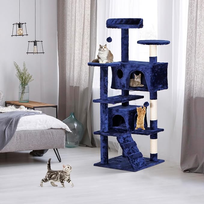 ZENY 53 inches Cat Tree with Sisal-Covered Scratching Posts and 2 Plush Rooms Cat Furniture for Kittens (Navy Blue)