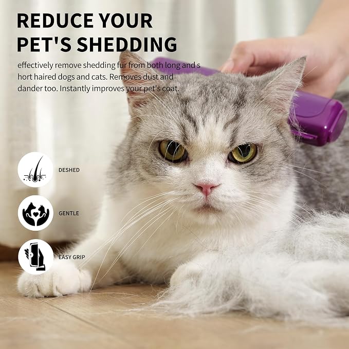 Dog and Cat Deshedding Brush, Purple | For dog and cat grooming, replaceable shedding blade, helps remove loose fur from short and medium coats