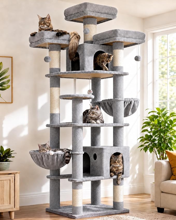 Globlazer Cat Tree Tower for Multiple Adult Cats, 82in, F82, Light Grey | XXL Tall Cat Tree Tower for Indoor Cats with Scratching Post, 3 Perches, 2 Condos, 2 Hanging Baskets