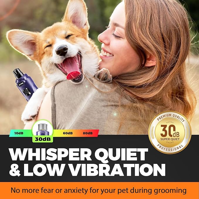 Whisper Quiet Dog Nail Grinder Safe & Stress-Free for Sensitive Dogs Cats | 4 LED Lights,3 Grinding Bits, 3-Speed, Pet Nail Trimmers, Rechargeable Painless Grooming Kit for All Breeds & Sizes