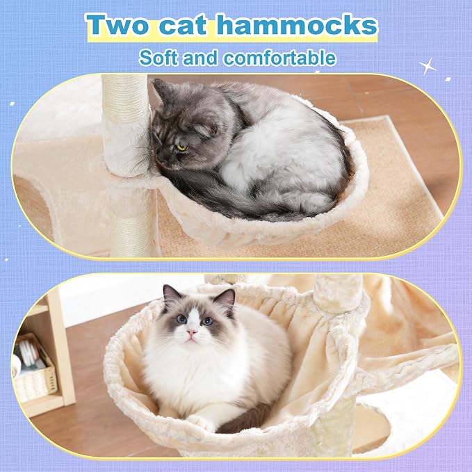 Hey-brother Cat Tree Tower with Extra Large Platform and Basket, MPJ080M | 71.7 Inches Scratching Posts with Specious Condo, 2 Cozy Hammocks, Scratch Board for Indoor Adult Cats, Maine Coon Beige