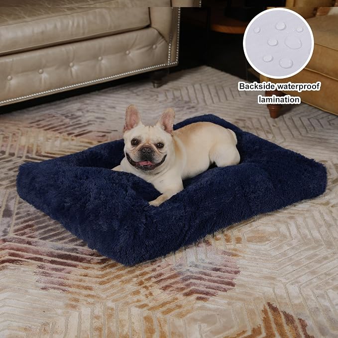 Bedfolks Waterproof Dog Crate Bed, Plush Dog Pad, 29"x21", Solid Dark Blue | Faux Fur Plush Cover, Zippered Removable Washable Outer, Waterproof Inner Lining, Non-Slip Base, Crate Pad and Dog Pillow