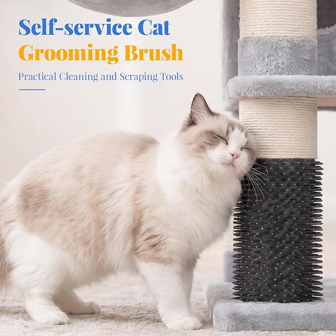 Hey-brother Cat Tree, Multi-Level Tower with 3 Condos, Hairbrush, MPJ035-MW | 74 Inches XL Large Scratching Posts for Indoor Cats and Kittens, 2 Wide Platforms, 2 Plush Baskets, Toy Balls, Light Gray