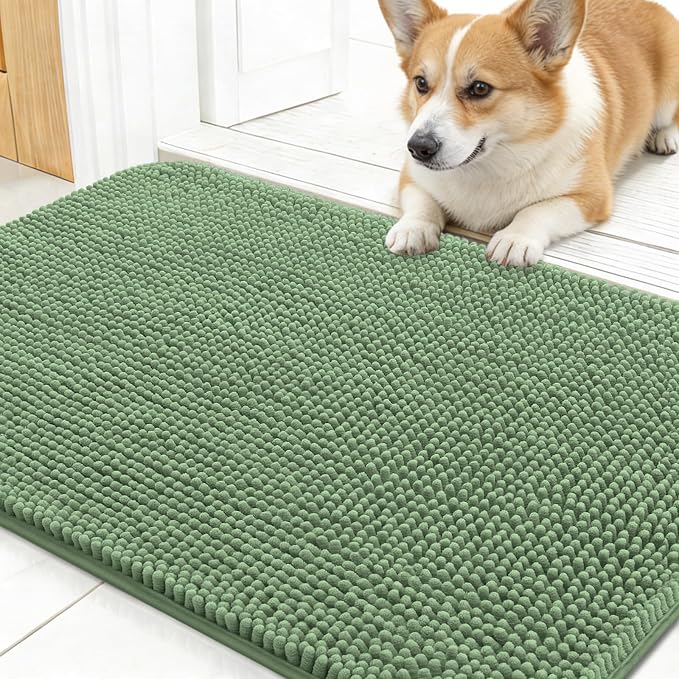 OLANLY Dog Door Mat for Muddy Paws 30x17, Super Absorbent Chenille Mud Mat | Olive Green, Absorbs Moisture and Dirt, Non-Slip Machine Washable Doormat, Quick-Drying Indoor Entryway Floor Carpet for Dogs