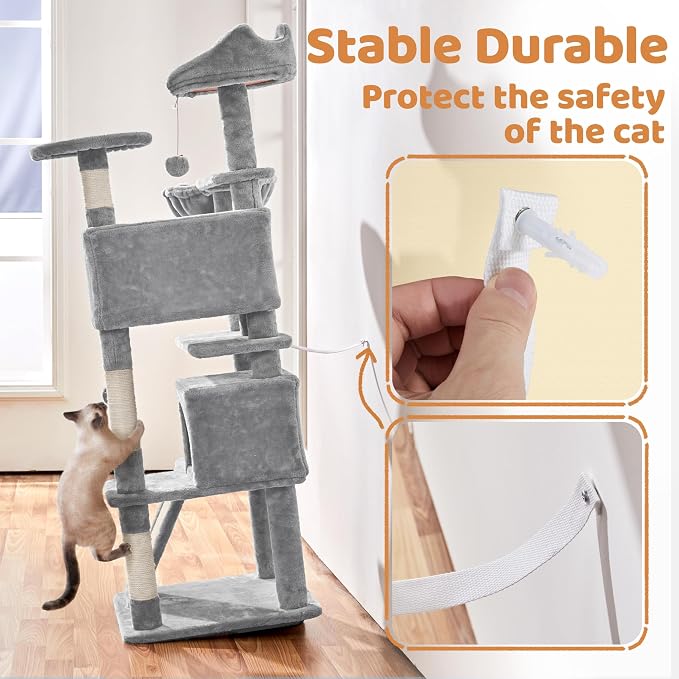 Topeakmart Cat Tree, 57 inches Multi-Level Cat Tree Tower with Scratching Posts, Cat Condo and Basket Kitten Activity Center, Light Gray | Easy to assemble, a great first cat tree with perches, hammock and anti-tip strap, ideal for small to medium cats...