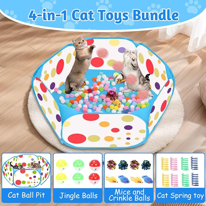 Cat Ball Pit for Cats, Include 226 Pcs Interactive Cat Toy for Indoor Kittens, Cat Enrichment Toys for Bored Indoor Cats Self Play Kitty Toys Bundle Pack Entertainment(Blue)