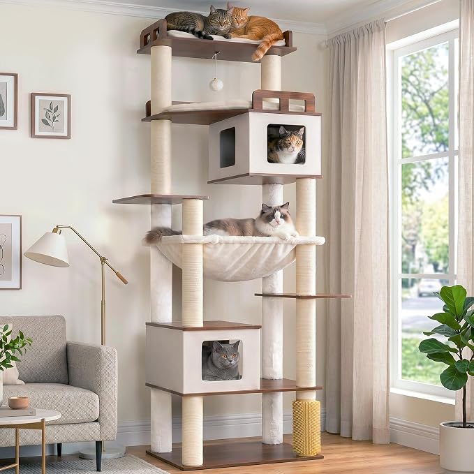 Cat Tree, Wooden Multi-Level Tower for Large Audlt Cats GCT104EB | 76" Cat House Furniture with Big Hammock, 2 Condos，Wood Platforms with Safety Railing, Sisal Scratching Posts, Earth brown