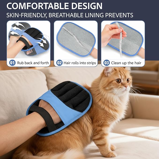Double Pet Grooming Glove Set - 2 Pack Pet Hair Removal Glove with Free Nail Clippers & Pet Dental Kit for Dogs and Cats