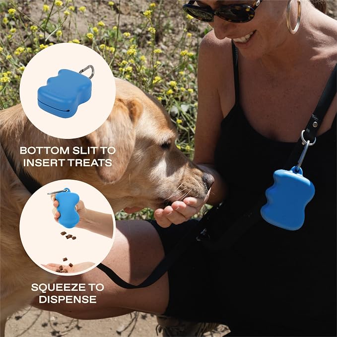 Springland Silicone Dog Training Treat Pouch for Leash, Blueberry | One-hand squeeze dispenser, food-grade silicone, BPA-free, carabiner included, easy-fill holder for rewards on the go